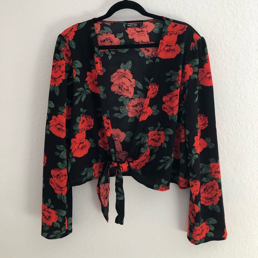 Rose Print Front-Tie Top